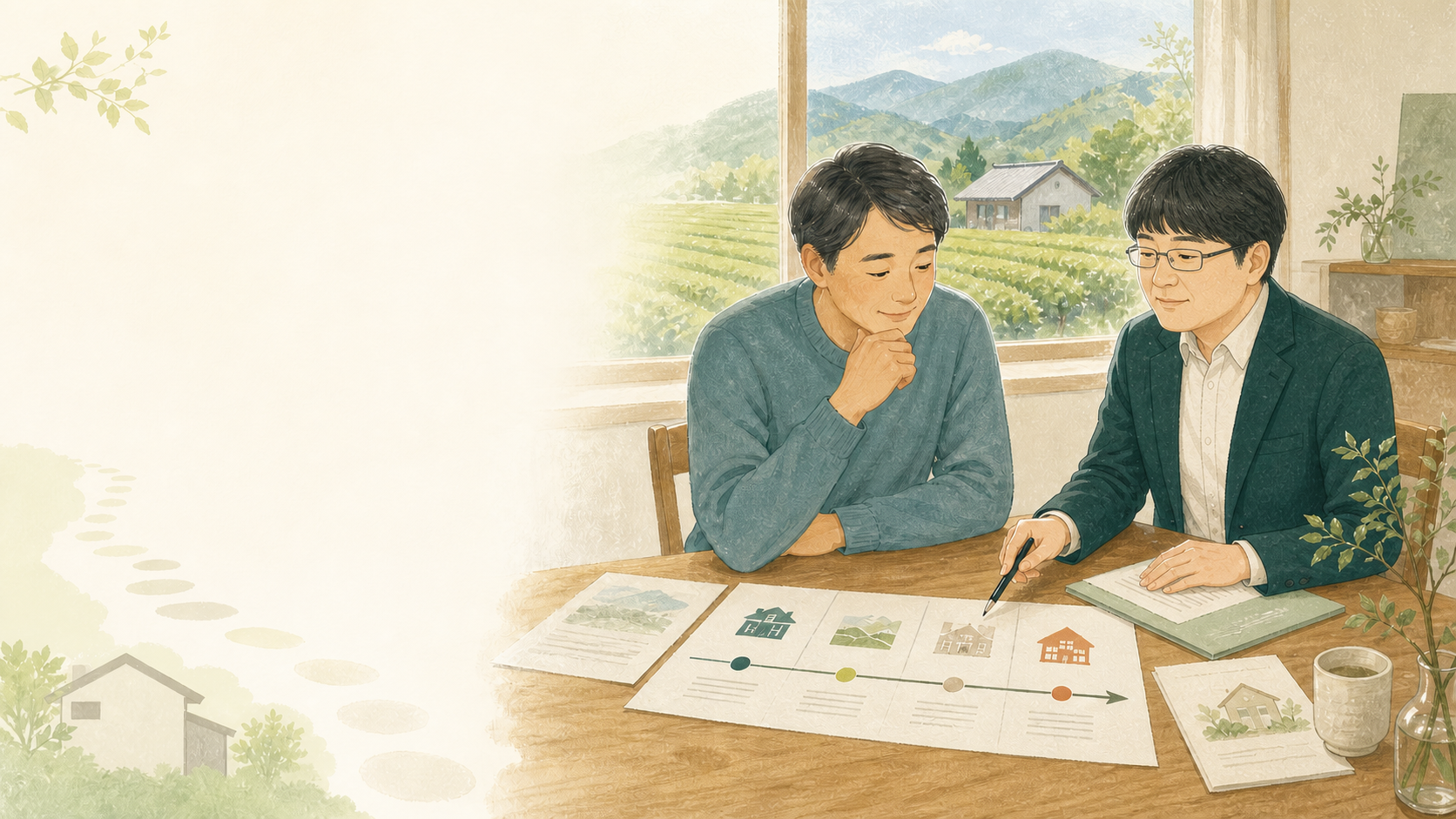 相談者と40代の男性担当者が書類を整理し、今後の選択肢を一緒に確かめる様子